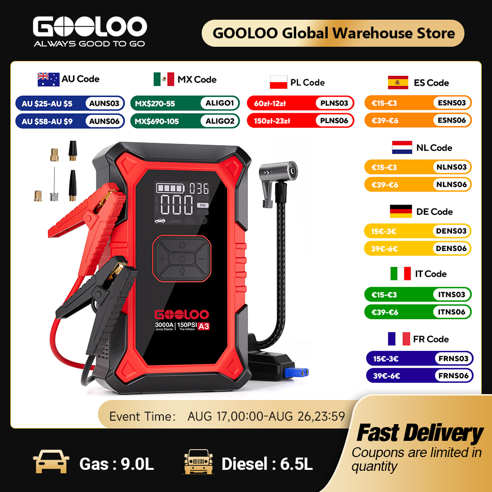 Portable Jump Starter - GOOLOO A3 Arrancador con compresor de